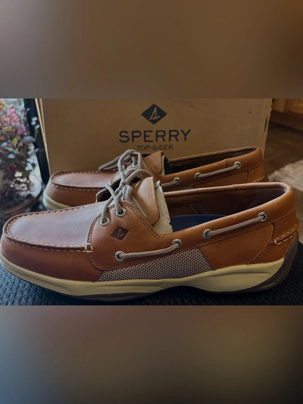 Sperry Intrepid Boat Shoes, Cognac Leather with Breathable Sides, NIB Retail $89
